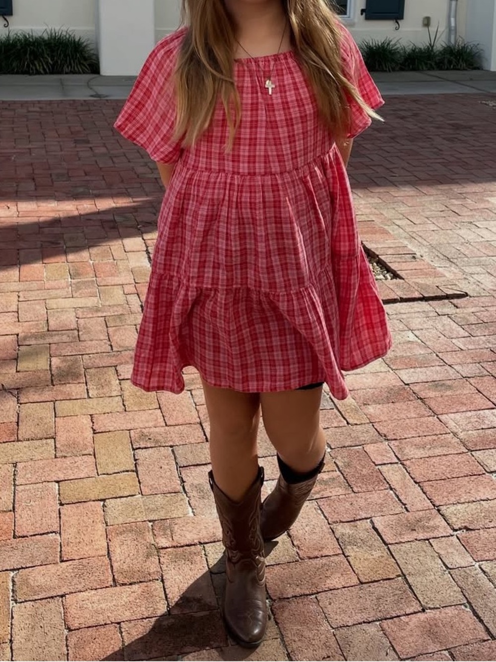 Girls Red/Pink Plaid Short Sleeve Fall Style Tiered Dress